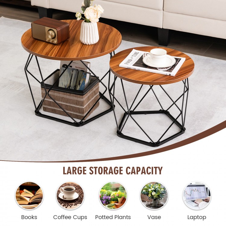 Set of 2 modern round coffee tables in rustic brown with pentagonal steel base, ideal for versatile home use.